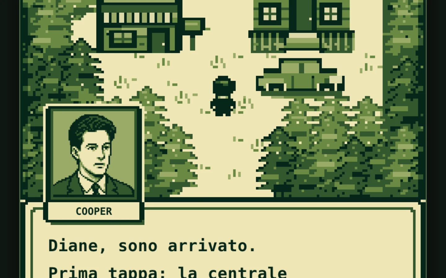 Unmodified Twin Peaks Game capture: a 160 by 144 pixel arrival scene with Cooper dialogue, 1280×720 source frame